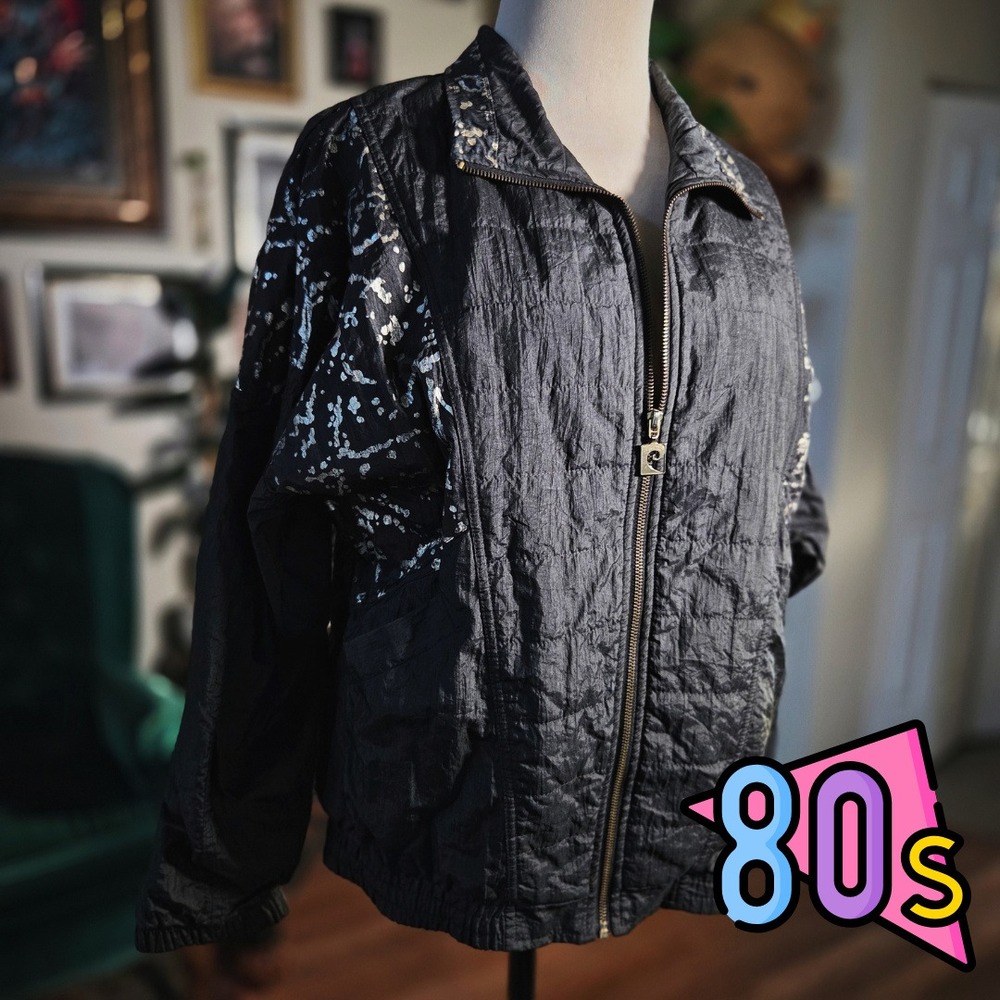 Pierre Cardin Jacket Vintage 80s Black Gold Abstract Windbreaker Bomber Mens S